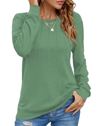 Produktbild: Cuptacc Damen Langarmshirt Bequemes Warm Rundhalsausschnitt Falten Pullover Elegant Lässig Winter Longtop Damen Grün 2XL 50-52