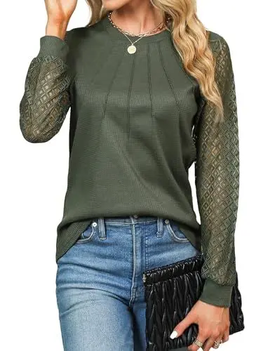 Produktbild: Cuptacc Langarmshirt Damen Mit Lace Ärmel Bluse 2025 Herbst Mode Waffelstrick Bluse Pleated Rundhals Tops Chic Armeegrün, XL 46-48