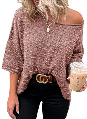 Produktbild: Cuptacc Damen Pullover Elegant 3/4 Ärmel Shirt Rundhalsausschnitt Lockere Sweatshirt Hellrosa L 42-44