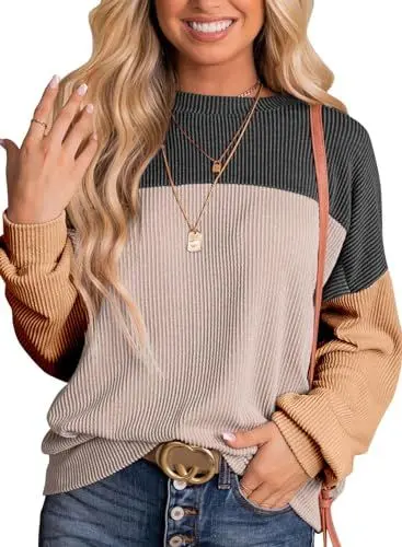 Produktbild: Cuptacc Damen Pullover Elegant Farbblock Locker Locker Casual Sweatshirt Damen Lang Blusen Schwarz Groß L 42-44