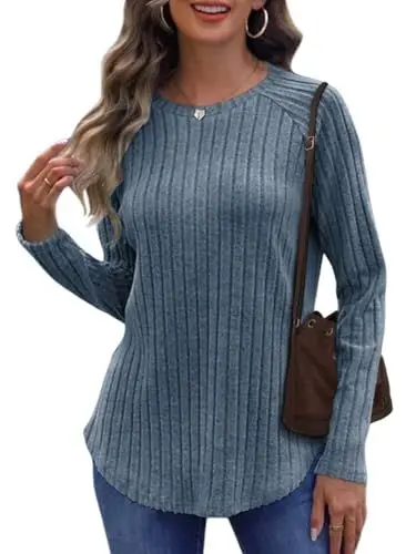 Produktbild: Cuptacc Damen Pullover Herbst Rundhals Langarmshirt Oversize Strickpullover Damen Elegant Frauen Kleidung Side Slit Blau XL 46-48