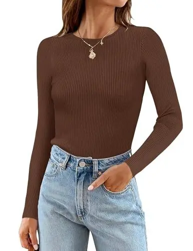 Produktbild: Cuptacc Damen Pullover Rundhals Herbst Top Basic Tshirt Gestrickt Oberteile Einfarbig Langarmshirt Chic Kaffee, Klein S 36