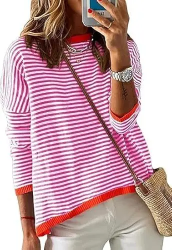 Produktbild: Cuptacc Damen Pullover Winter Oversized Sweatshirt Damen Gestreiftes Shirt Rundhalsausschnitt Langarm Tshirt Pink Mittel M 38-40