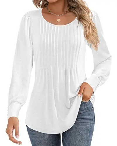 Produktbild: Cuptacc Damen Langarmshirts Elegant 2025 Herbst Puffärmel Mit Button Bluse Falten Damen Langarm Oberteile Weiß Mittel M 38-40
