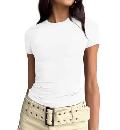 Produktbild: Cuptacc T Shirt Damen Rundhalsausschnitt Eng Kurzarm Sport Tshirt Damen Sommer Top Causal Basic Weiss Mittel M 38-40