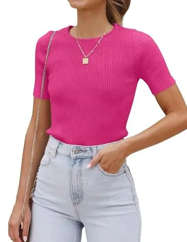 Produktbild: Cuptacc Damen Tshirt Rundhals Gestreifte Basic Oberteile Basic Tops Elegante Rosa, Mittel M 38-40