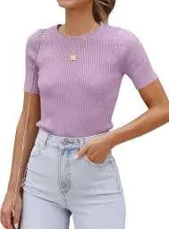 Produktbild: Cuptacc Damen Tshirt Rundhals Gestreifte Basic Oberteile Tee Tops Elegante Lila,Mittel M 38-40