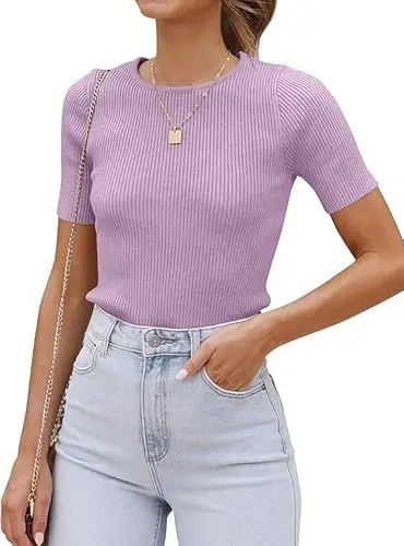 Produktbild: Cuptacc Damen Tshirt Rundhals Gestreifte Basic Oberteile Tee Tops Elegante Lila,Mittel M 38-40