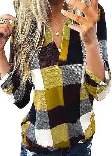 Produktbild: Cuptacc Herbst Outfit Damen Kariertes Lässig Hemd Klassischer Schnitt Langarm Plaid Tshirt Gelb Mittel M 38-40