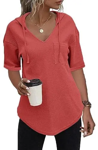 Produktbild: Cuptacc Hoodie Damen Kurzarm Top Mit Kapuze Oberteile V Ausschnitt Sommer Tshirt Lang Luftig Fuchsie,XL 46-48
