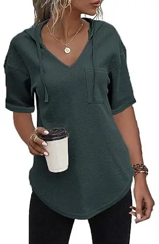 Produktbild: Cuptacc Hoodie Damen Sommer Kapuzenpullover V Ausschnitt Top Kurzarm Oberteile Mit Kapuze Sexy Dunkelgrün,S 36