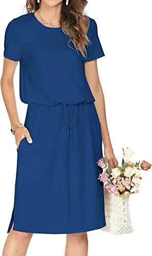 Produktbild: Cuptacc Kleid Damen Elegant Rundhals Abschlusskleid Casual Work Dresses Sommerkleid Midi Knielang Beerdigung Kleider A Line Dress Freizeitkleider Navy blau M