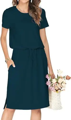 Produktbild: Cuptacc Kleider Damen Sommerkleid Damen Leicht Loose Fit Party Kleid Elegant Rundhalsausschnitt Kurzarm Wedding Guest Dress mit Tasche Grüne XS