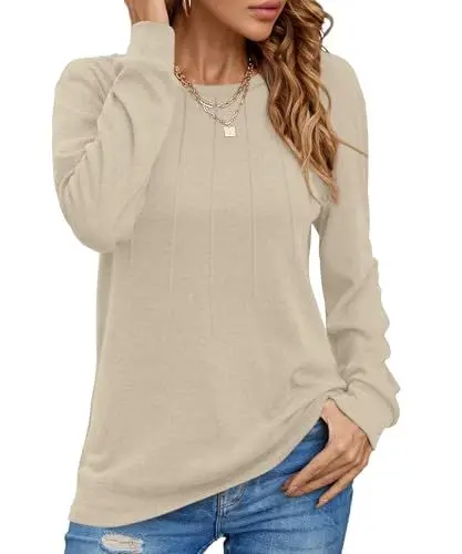 Produktbild: Cuptacc Langarmshirt Damen 2025 Mode Rundhalsausschnitt Oberteile Elegant Falten Basic Lang Shirt Damen Beige Mittel M 38-40