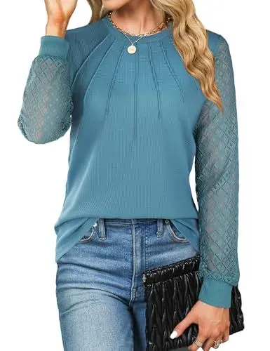 Produktbild: Cuptacc Langarmshirt Damen Rundhals Top Spitzen Ärmel Tshirt Casual Oberteile Einfarbig Tunika Blusen Mode Blau, Groß L 42-44