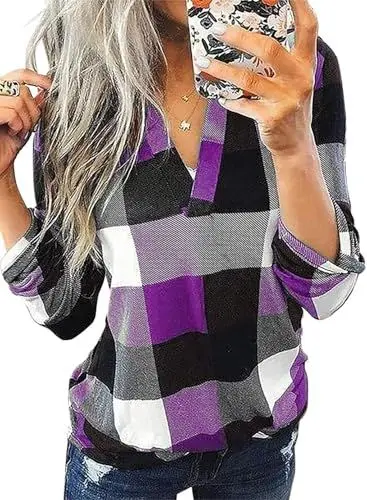 Produktbild: Cuptacc Langarmshirt Damen V Ausschnitt Kariert Longsleeve Business Oberteile Mode Tops Lila Groß L 42-44