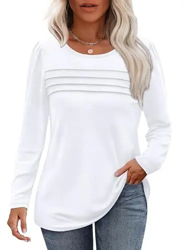 Produktbild: Cuptacc Langarmshirt Damen Weiss Puffärmel Mit Knöpfen Rundhals Tshirt Damen Baumwolle Falten Oberteile Herbst Weiß XL 46-48