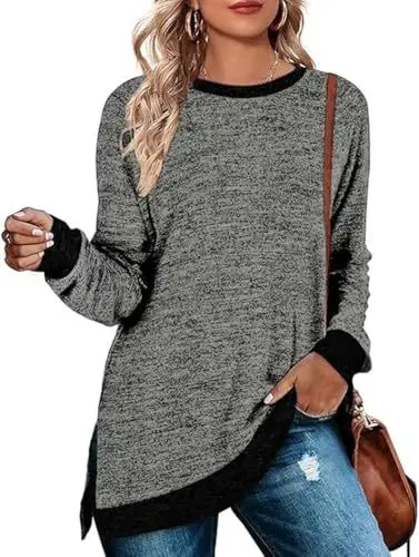 Produktbild: Cuptacc Longshirt Damen Rundhalsausschnitt Langarm Tunika Oberteile Farbabstimmung Sweatshirt 2024 Dunkelgrau Mittel M 38-40