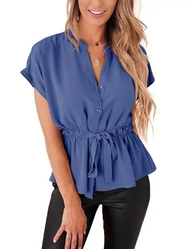 Produktbild: Cuptacc Musselin Bluse Damen V-Ausschnitt 2024 Chiffon Bluse Kurzarm Sommerbluse Leicht Blau, Mittel 38-40