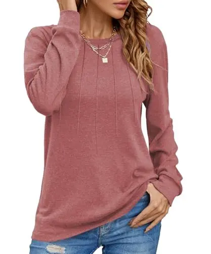 Produktbild: Cuptacc Oberteil Damen 2025 Langarm Elegant Shirt Rundhals Pleated Lockere Winter Basic Top Damen Dunkelrosa Groß L 42-44