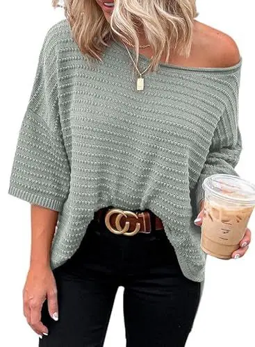 Produktbild: Cuptacc Oversize Shirt Damen 3/4 Ärmel Herbst Tunika Tops Mode Elegant Off Shoulder Kurz Oberteil Damen Grau Groß L 42-44