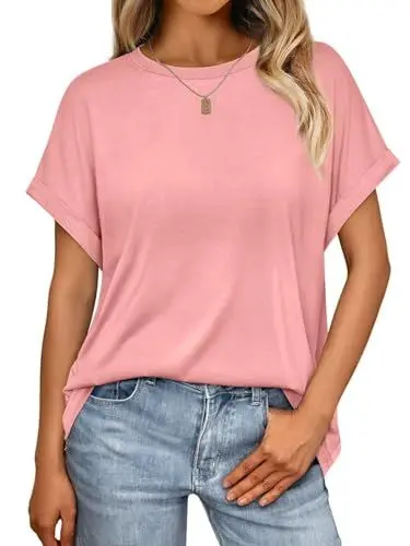 Produktbild: Cuptacc Oversized Tshirt Damen Flügelärmel Rundhalsausschnitt Top Locker Atmungsaktiv T-Shirt Damen Halbe Ärmel Bluse Elegant 2XL 50-52 Dunkelrosa
