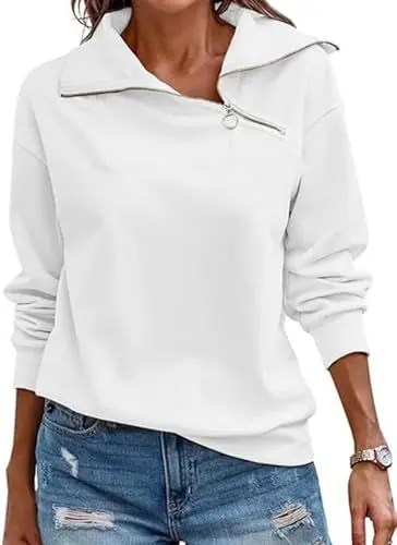 Produktbild: Cuptacc Pullover Damen Elegant Stehkragen Langarm Quarter Zip Pullover Lässig Basic Einfarbig Baumwolle Top Damen Weiß, Mittel M 38-40