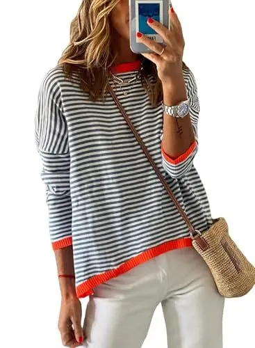 Produktbild: Cuptacc Pullover Damen Herbst Gestreiftes Langarmshirt Damen Baumwolle Pulli Rundhals Baumwolle Oberteile Dunkelblau Groß L 42-44