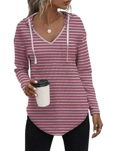Produktbild: Cuptacc Pullover Damen Herbst Hoodies Plus Size Bekleidung Damen Mode Langarm Tshirt Gestalten Kordelzug Kapuzenpullover Rosa Weiße Streifen XL