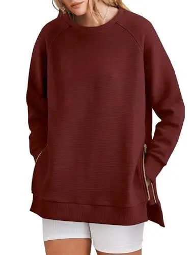 Produktbild: Cuptacc Pullover Damen Herbst Rundhals Leichter Pullover Elegant Casual Einfarbig Sweatshirts Für Damen Burgunderrot, XL 46-48