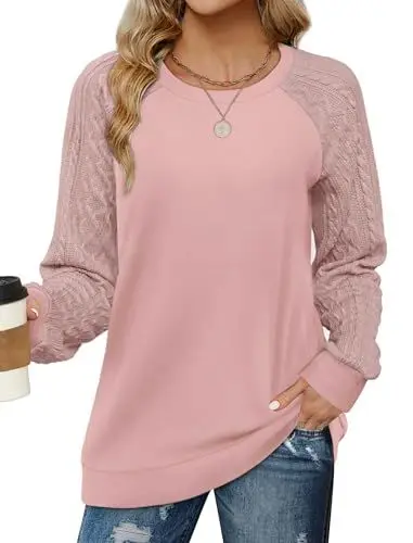 Produktbild: Cuptacc Pullover für Damen Spitzen Oberteile Damen Tops Herbst Stricklangarm Einfarbig Tops Dunkelrosa Groß L 42-44