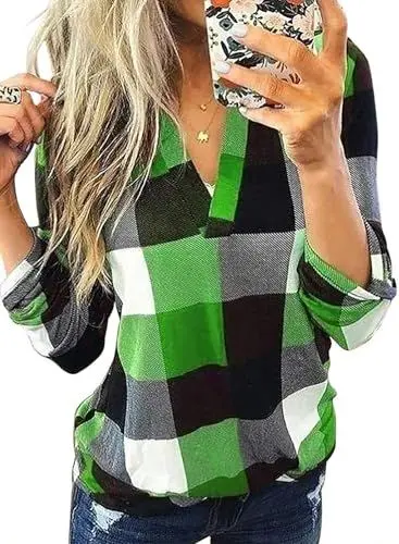 Produktbild: Cuptacc Top Damen Herbst Kariert 2025 Trend V-Ausschnitt Elegant 3/4 Ärmel Frauen Bluse Grün 2XL 50-52