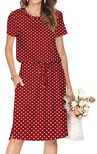 Produktbild: Cuptacc Tunika Kleid Damen Loose Fit Knielang Rundhals-Ausschnitt Freizeitkleid Kleider Damen Sommer Hängerkleid Grace Abndkleider Roter Punkt Groß L 42-44