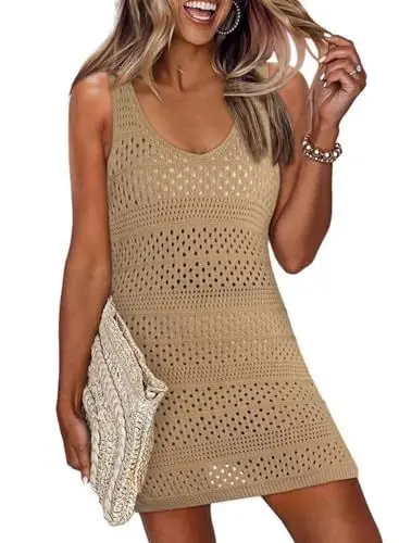 Produktbild: Cuptacc Strandkleid Damen Gestrickte Sommer Ärmellos Beach Sexy Tunika Leichte Atmungsaktiv Bedecken Beige Mittel M 38-40