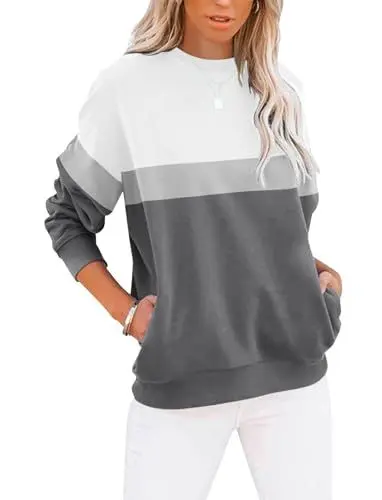 Produktbild: Cuptacc Langarmshirt Damen Pullover Herbst Farbblock Rundhals Sweatshirt Damen Elegant Locker Rundhals Oberteile Weiß Grau Groß L 42-44