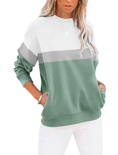 Produktbild: Cuptacc Langarmshirt Damen Pullover Herbst Farbblock Rundhals Sweatshirt Damen Elegant Rundhals Baumwolle Oberteile Grün XL 46-48