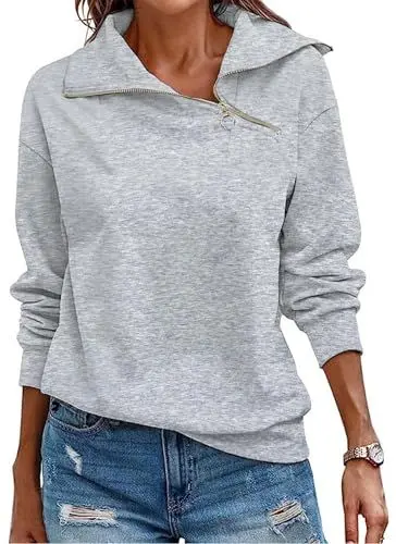Produktbild: Cuptacc Sweatshirt Damen Pullover Stehkragen Langarm 1/4 Ausschnitt Mit Zipper Pullover Lässig Einfarbig Baisc Tops Damen Grau, Groß L 42-44