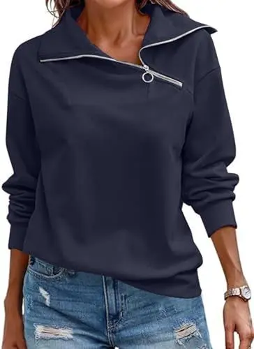 Produktbild: Cuptacc Sweatshirt Damen Pullover Stehkragen Langarm 1/4 Ausschnitt Mit Zipper Pullover Lässig Einfarbig Baisc Tops Damen Navy Blau, XL 46-48