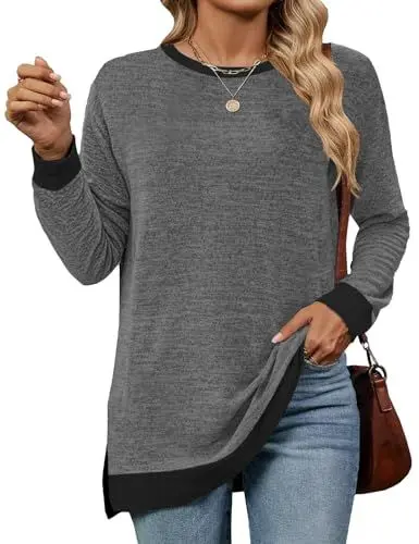 Produktbild: Cuptacc Sweatshirt Damen Rundhalsausschnitt Langarm Tunika Farbabstimmung Dünn Longshirt Damen 2024 Dunkelgrau XL 46-48