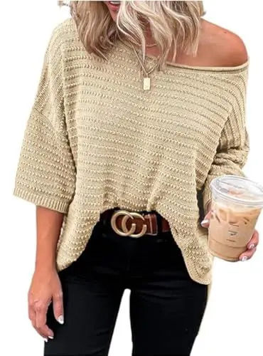 Produktbild: Cuptacc T Shirt Damen Herbst 3/4 Ärmel Oberteile Sweatshirts Rundhals Shirt Leicht Stricken Top Damen Aprikose Groß L 42-44