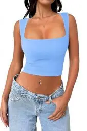 Produktbild: Cuptacc Crop Top Damen Baufreie Eckigem Ausschnitt Spaghetti Tops Croset Lässig Oberteile Ärmelloses Fitness Tshirt Blau XS 30-32
