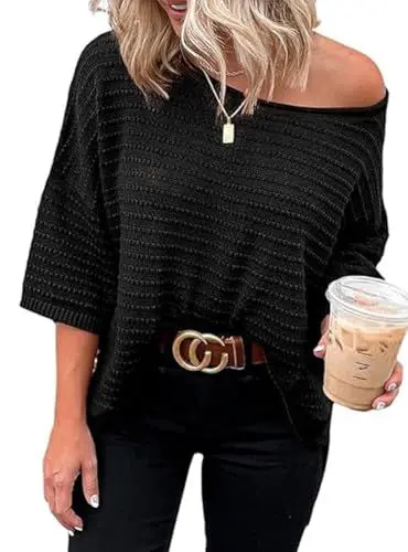 Produktbild: Cuptacc Top Damen 2024 Mode Loose Fit Rundhals Pullover Damen Herbst 3/4 Ärmel T-Shirt Damen Black 2XL 50-52