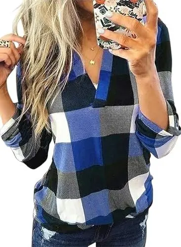 Produktbild: Cuptacc Tops für Damen Lange Ärmel Tunika Basic Mode Clothes Button Cute Plaid Fall Outfit Blau Groß L 42-44