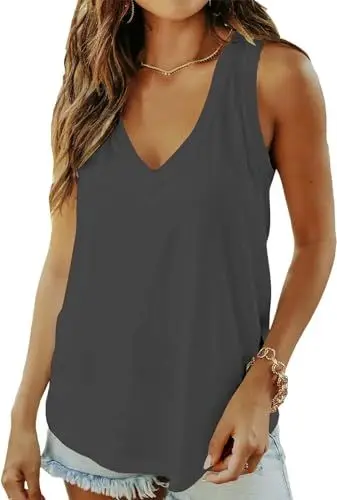 Produktbild: Cuptacc Top Damen Sommer Ärmellos Tiefer Ausschnitt Tank Tops Elegant Lose Einfarbig Tunika Shirts Dunkelgrau XL 46-48