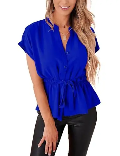 Produktbild: Cuptacc Top Damen Sommer Kurzarm Lässig Blouse V Ausschnitt Chiffon Bluse Süß Luftig Königsblau, Mittel 38-40
