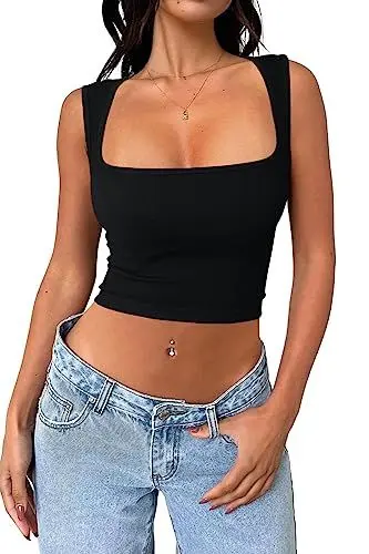 Produktbild: Cuptacc Top Damen Sommer Square Neck Classics Tank Tops Bauchfreie Elegant Casual Business Shirt Ladies Schwarz Groß L 42-44