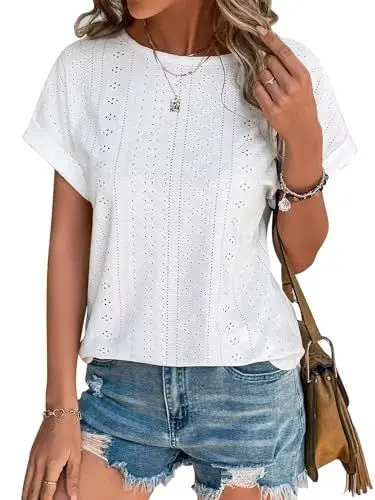 Produktbild: Cuptacc Tshirt Damen Bluse Damen Sommer Elegant Lochstickerei Top Kurzarm Oberteil Lässige Tunika Weiß XL 46-48