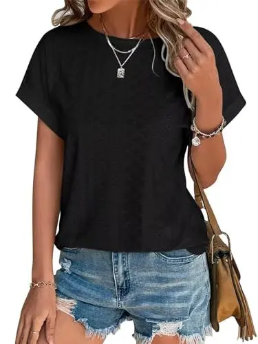 Produktbild: Cuptacc Tshirt Damen Bluse Mit Lochstickerei 2025 Sommer Mode Rundhalsausschnitt Dolman Ärmel Schwarz Mittel M 38-40