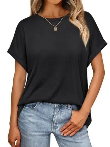 Produktbild: Cuptacc Tshirt Damen Kappelärmel Rundhals T-Shirt Casual Kurzarm Oversize Shirt Damen Einfarbiges Oberteil Lässig Groß L 42-44 Schwarz