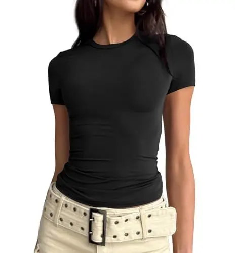 Produktbild: Cuptacc Tshirt Damen Sommer Rundhals Kurzarm T-Shirt Slim Fit Casual Skims Dupe Modisch Tight Basic Top Schwarz Damen Mittel M 38-40